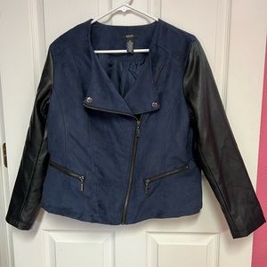 Alfani size Large Petite Faux Blue and Black Suede and Leather Zip Jacket.